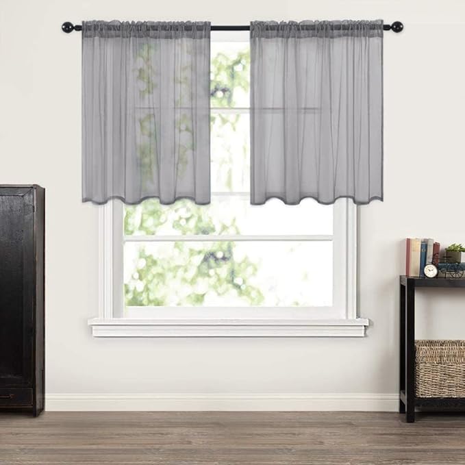 MIULEE Short Sheer Curtains 30 Inch Length for Kitchen Bathroom Cafe Half Window Treatment, Rod Pocket Tier Curtains 2 Panels, 29x30 Inches Long, Charcoal Grey
