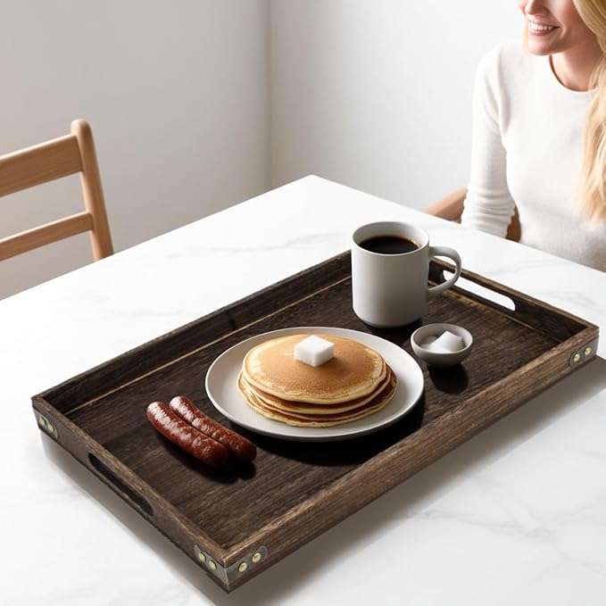 18.1 Inch Rustic Wood Serving Tray with Handles, Breakfast Tray Wooden Trays Decorative Serving Platter for Eating, Working, Storing, Used in Bedroom, Kitchen, Living Room, Bathroom and Outdoors