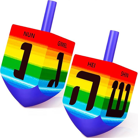 2 Pcs Hanukkah Dreidels Game Toy Extra Large Wooden Dreidel for Hanukkah Decoration with English Transliteration, Forever Spinning Tops Party Favors(Rainbow)