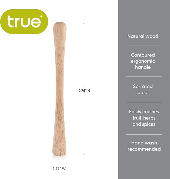 True Smash Wooden Muddler for Cocktails with Ergonomic Contoured Handle, Durable Cocktail Muddlers, Herbs and Fruit Crushers, Home Bar Accessories, 9.75", Set of 1