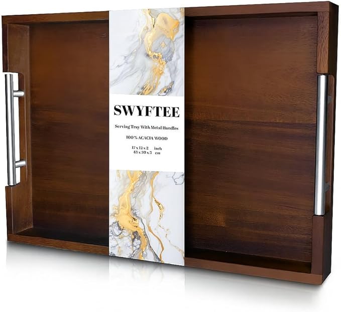 Serving Tray with Handles – 17 x 12 x 2 Inch Dark Brown Acacia Wood Ottoman Tray Table Decorative – Coffee Trays Wood Decor for Kitchen – Breakfast in Bed Trays with Silver Metal Handles