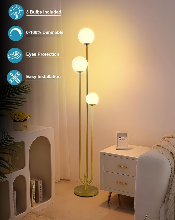 Lightdot 63IN Gold Floor Lamp Dimmable 3-Lights Globe LED Floor Lamps with 3000K Soft Warm White for Wedding/Party Candle Holder Style Tall Lamp for Living Room/Bedroom