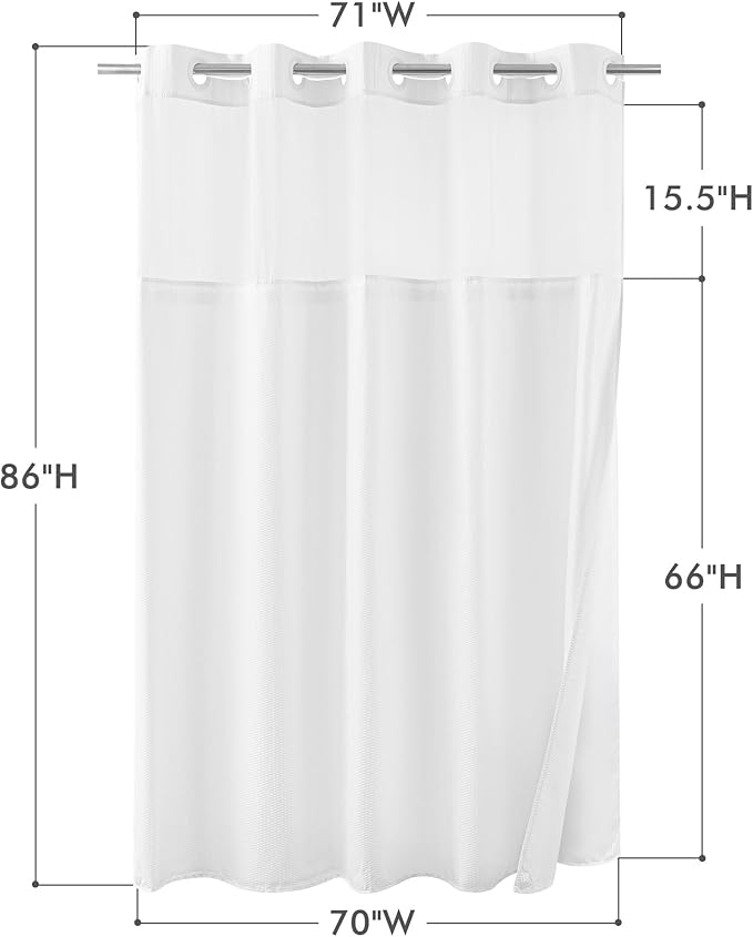 Mrs Awesome No Hook Shower Curtain with Snap-in Liner, Embossed Waffle Design Fabric Shower Curtain for Bathroom, Soft & Lightweight, 71x86, White
