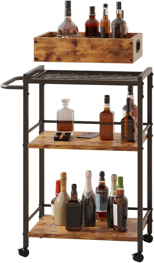 3-Tier Bar Cart for The Home, Rolling Cart with Wheels and Handle, 3-Tier Serving Cart with Removable Tray, Kitchen Carts on Wheels with Storage