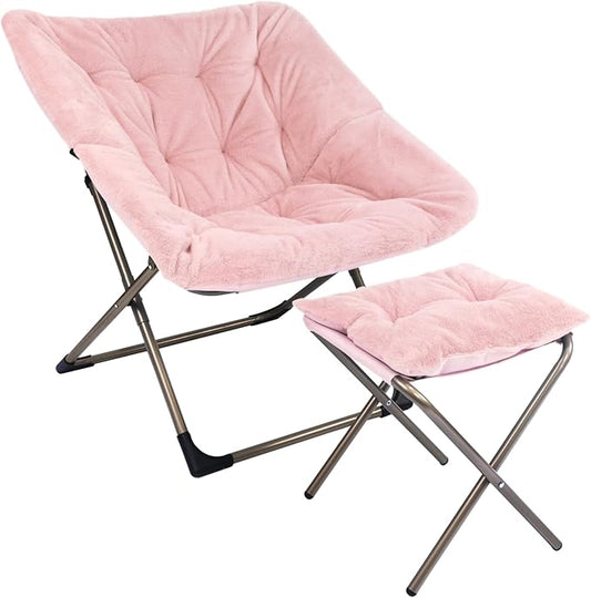 Kokel Plush Folding Chair and Ottoman Padded Metal Frame Living Room Chair (Pink-TM8)