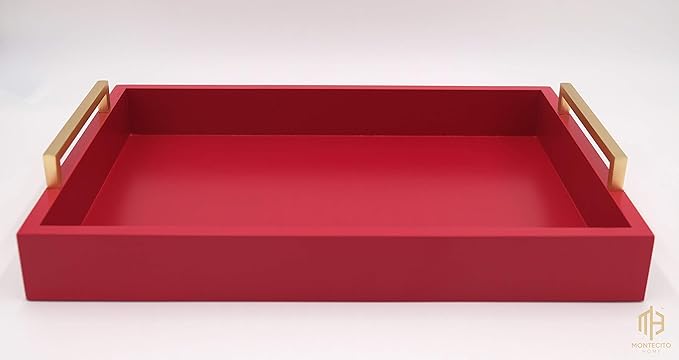Decorative Coffee Table Tray - Ottoman Tray - Breakfast, Drinks, Liquor Serving Tray - from Farmhouse to Modern - Matte Finish - Champagne Gold Handles - Crimson Red