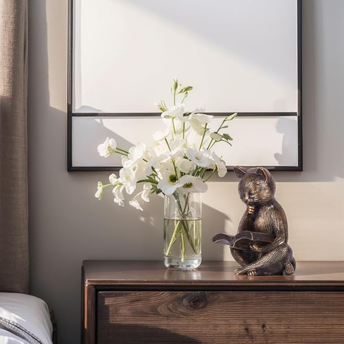 6.4 Inch Resin Reading Cat Figurine - Cute Animal Sculpture for Desk, Office, Bookshelf or Table Decor - Meditation Statue, Bronze Cat Lover Gift, Relaxing Book Theme Accent, Decorative Pet Ornament