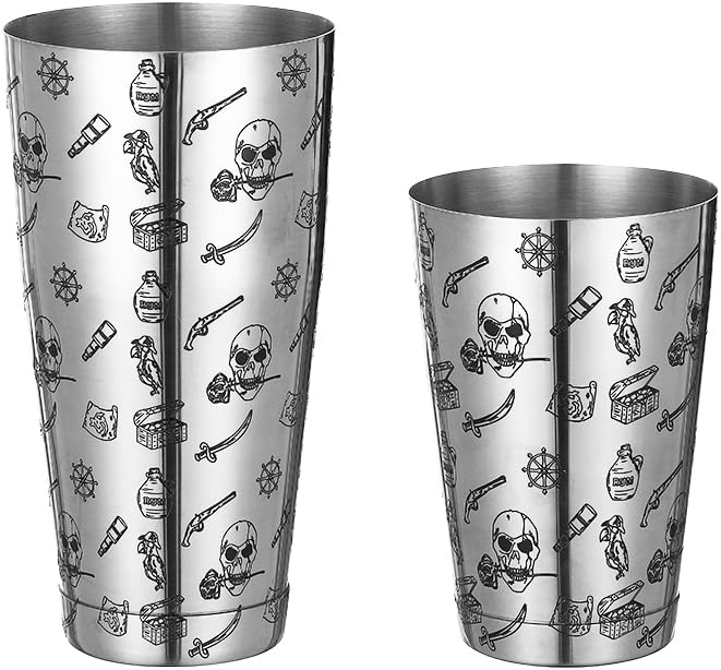 Cocktail Shaker Set - 5-Piece Bar Accessories Kit w/Weighted Boston Shaker, Strainer, Jigger, Mixing Spoon with Etched Skull Rose Pattern