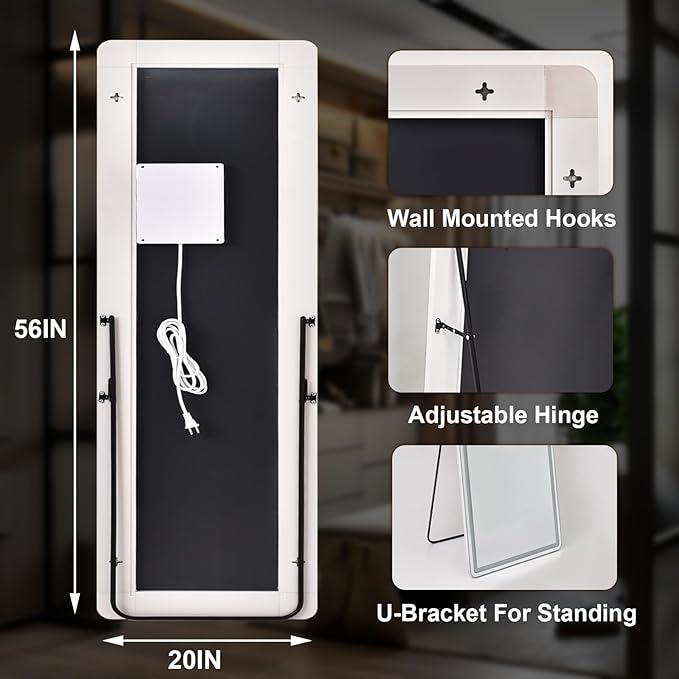 21"x56" Rectangular Full Length Mirror with LED Lights, Standing or Wall-Mounted Full Body Mirror with Stand, Dimmable 3-Color Lighted Floor Mirror for Bedroom, Dressing Room, Cloakroom