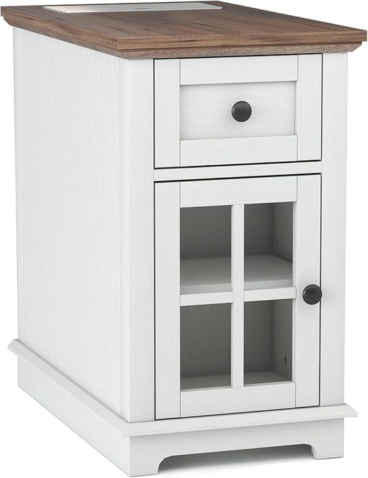 HIFYOBRO End Table with 1 Drawer, Storage Side Table with Flip Top Charging Station, Type-C & USB Port & Power outlets, Wooden Storage Cabinet for Bedroom/Living Room