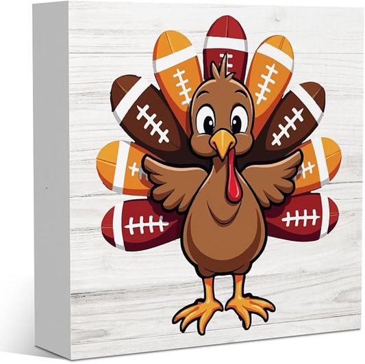 Fall Thanksgiving Football Turkey Sign Autumn Office Bedroom Dining Room Decor Wooden Box Block Plaque Wood Products Sign for Desk Table Tabletop Decor 5 x 5 inches Tub1604