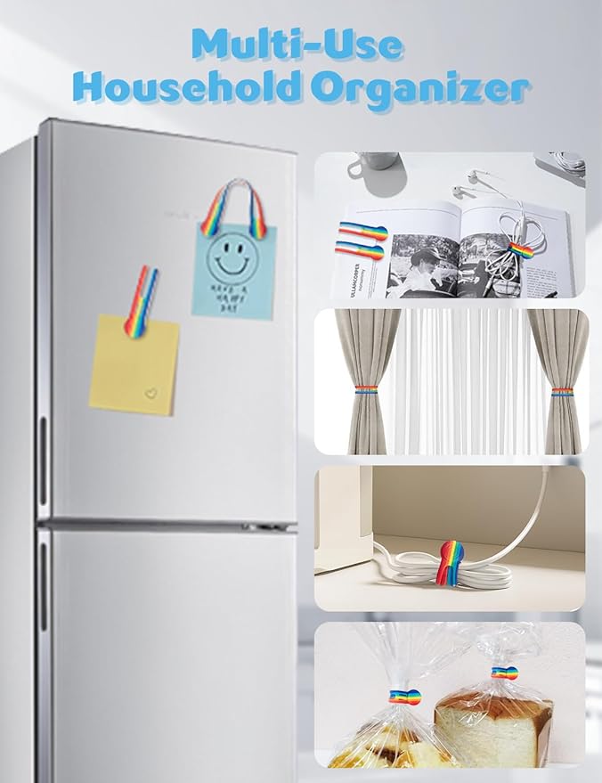 6 Packs Magnetic Cable Clips,Long Silicone Cable Straps, Reusable Cable Straps Wire Organizer,Rainbow Cable Management,Cord Organizer for Home Office Desk PC Accessories