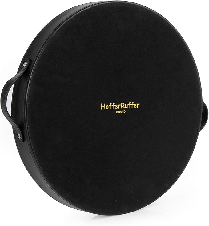 HofferRuffer PU Leather Round Serving Tray with Handles, Decorative Catchall Vanity Coffee Tray, Faux Leather Ottoman Tray for Home Or Office, Diameter 14.6-inch (Black)