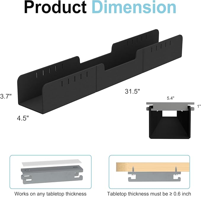 31.5" No Drill Under Desk Cable Management Tray, Felt Cord Organizer with Adhesive & Screw Mount, Cable Management & Wire Organizer for Office Desk, Table, Home Workspace