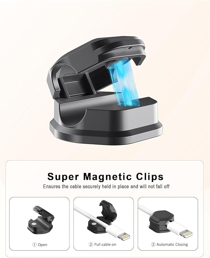12 Pack Magnetic Cable Clips- Cord Organizer for Desk- Cord Holder for Nightstand- Cord Holder, Magnetic Cord Organizer, for Desk, Nightstand, Phone Charger, Computer, Office,Home, Car