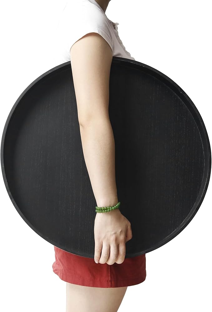 Round Decorative Tray, Extra Large Wooden Serving Tray with Handles, 11.8in Black Decorative Trays for Coffee Table,Kitchen Counter,bandejas decorativas