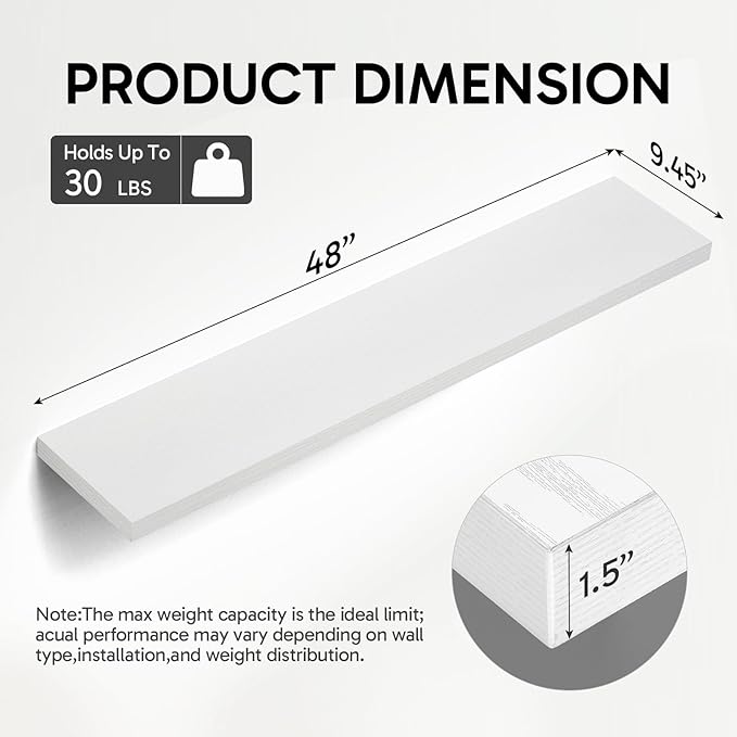 BAYKA Floating Shelves, 48 inch Wall Mounted Rustic Wood Shelves for Bathroom, Bedroom, Living Room, Kitchen, Office, Hanging Shelf for Books/Storage/Decor(White,Set of 2)