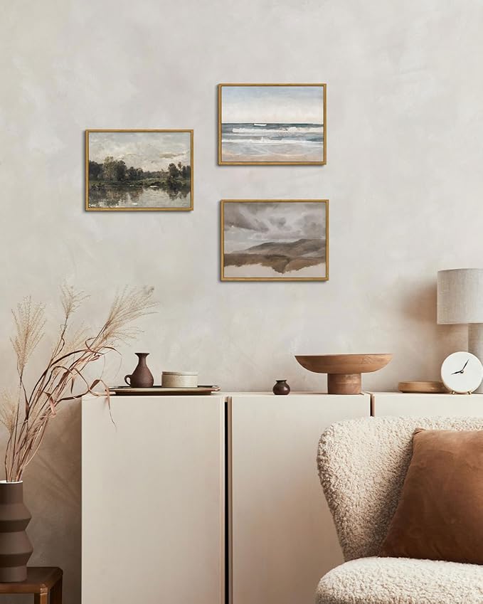 KISSFOX Framed Vintage Landscape Wall Art Natural Scenery Canvas Prints Colorful Painting Artwork Rustic Farmhouse Pictures Decor Living Room Office Bedroom Bathroom Kitchen