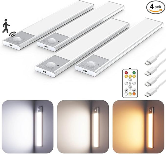 8" Ultra-Thin Under Cabinet Lighting Wireless, Aluminum Alloy Under Counter Lights for Kitchen, 3-Color-Temps Magnetic Closet Lights, Rechargeable Motion Sensor Light Indoor (4 Pack, Silver)
