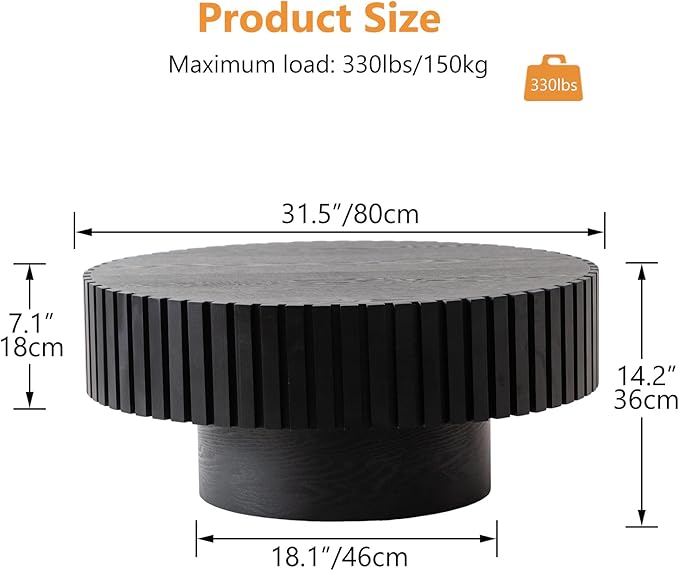 Modern Wood Round Coffee Table - Handcraft Drum Coffee Tables with Sturdy Base, Easy Assembly, Contemporary Style Small Coffee Table Tea Table for Living Room, Bedroom, Office (Black Round)