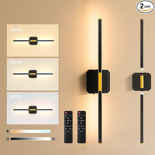 Battery Operated Wall Sconces Set of 2, Detachable 360°Rotate Wall Lamps, 3000-6500K Dimmable with Remote Control, 10000mAh Rechargeable Wall Lights for Bedroom, Living Room，28" Black Gold