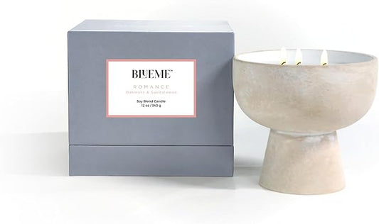 BLUEME Oakmoss & Sandalwood, Luxury Candle w/Essential Oils, 3 Wick, Hand-Poured Soy, Cotton Wick, Ceramic