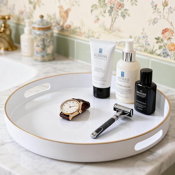 Zosenley Decorative Tray, Round Plastic Tray with Handles, Modern Vanity Tray and Serving Tray for Ottoman, Coffee Table, Kitchen and Bathroom, Size 13” (White)