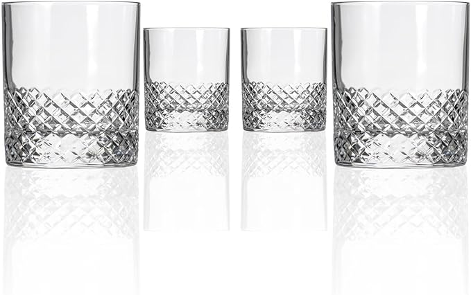 Rolf Glass Diamond On the Rocks Glass | 11oz Luxury Whiskey Glasses | Diamond-Wheel Engraved and Polished in America | Lead-Free, Heavy Base | Set of 4