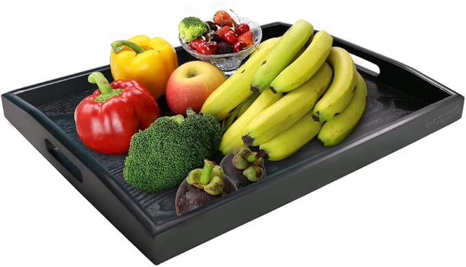 Serving Tray Black Large Food Tray Breakfast Tray Wood Butler Tray with Handle 17.77 x 13.72 x 1.78