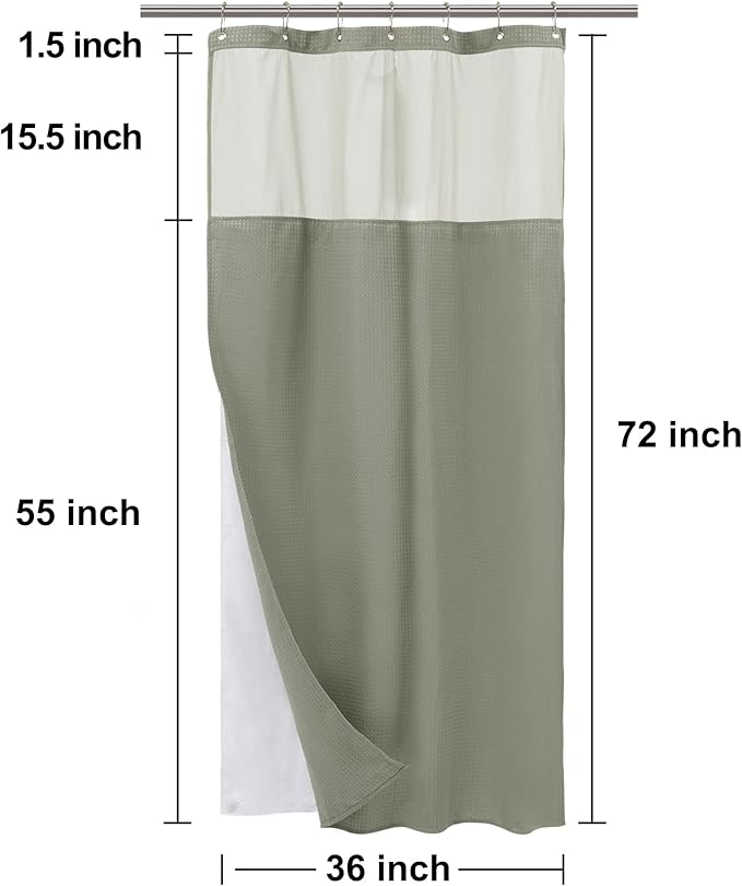 N&Y HOME Stall Waffle Weave Shower Curtain with Snap-in Fabric Liner & Hooks Set - 36" x 72" Small Shower Stall Size, Hotel Style & Mesh Top Window, Machine Washable - 36x72, Sage Green