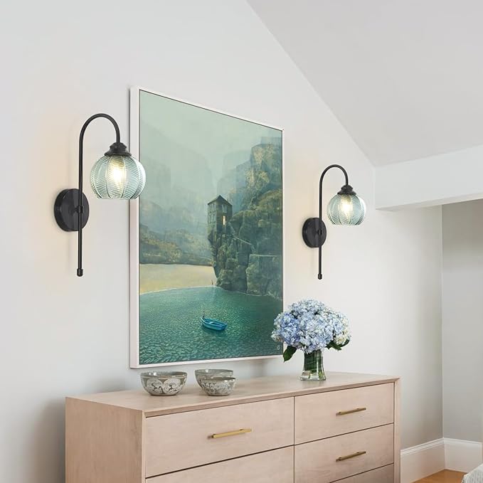 KCO Lighting Vintage Green Glass Wall Sconce Black Globe Sconce Mid Century Modern Long Wall Light Fixture for Living Room Bedroom Bathroom