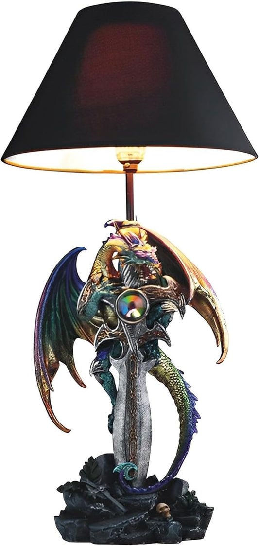 ICE ARMOR 24.5" Fantasy Collectible Dragon Statue Table Lamp Wrap Around Cross with Fabric Light Shade for Gothic and Medieval Décor (71792Purple/Green)