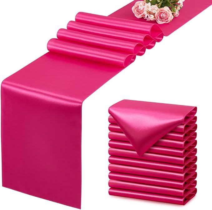 Hot Pink Table Runner 12x108 Inches Long, Satin Silk-Like Smooth Table Decor for Wedding Birthday Party, 12 Pack