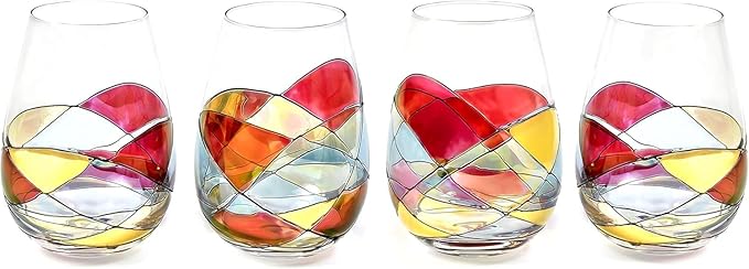 Stemless Wine Glasses – Hand‑Painted Set of 4, Unique Wine Gift for Wedding, Anniversary, Housewarming & Christmas • Sagrada Familia Style • Ideal for Women & Men