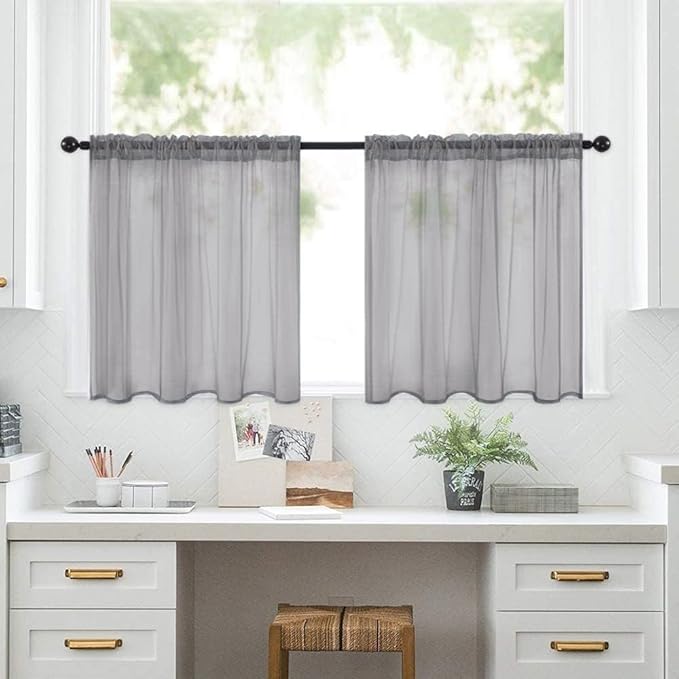 MIULEE Short Sheer Curtains 30 Inch Length for Kitchen Bathroom Cafe Half Window Treatment, Rod Pocket Tier Curtains 2 Panels, 29x30 Inches Long, Charcoal Grey