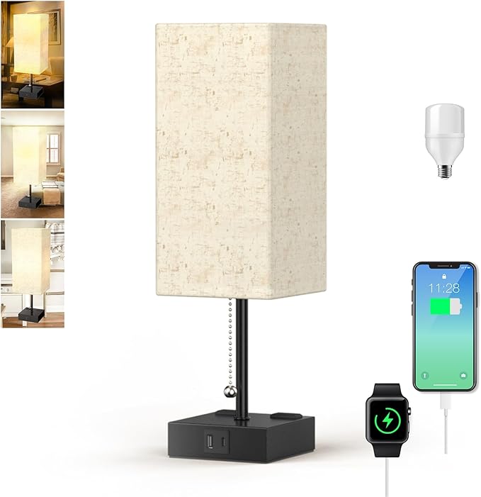 Table Lamp for Bedroom with USB,Bedside Lamp with USB C+A Charging Ports,Adjustable 3color LED Light for Home Decor/Nightstand/Office,Included Bulb and Fabric Lamp Shade (Linen White, 1PCS)