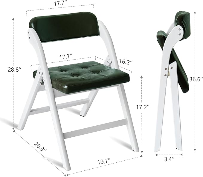 Padded Folding Chairs with Cushion, Stackable Wooden Foldable Chair Set of 2, Padded Folding Chairs with Cushion for Guests Kitchen, Office, Wedding, Picnic, Party Chair (White Green)