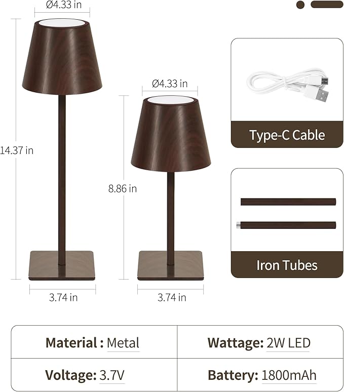 UME 3 Pack Cordless Table Lamp, Battery Operated Lamp - Portable Waterproof Rechargeable Table Lamp w/ 3 Color Temps & Stepless Dimming for Dinner, Desk, Cafe, Outdoor (Woodgrain)