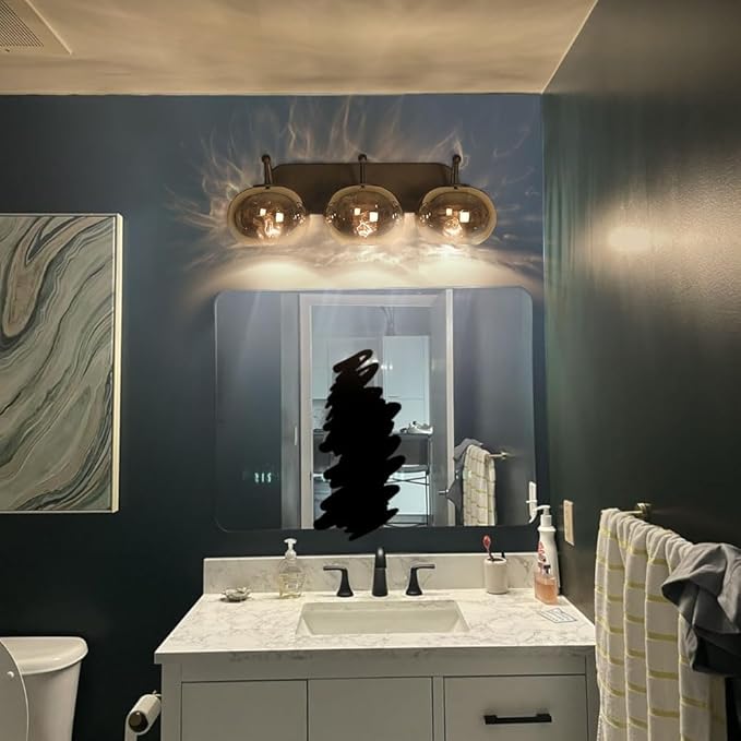 23" Matte Black Vanity Light Smoked Hammered Glass Wall Sconce 3-Light Grey Lampshade Wall Lamp for Hallway Living Room Stairwell Bathroom Over Mirror