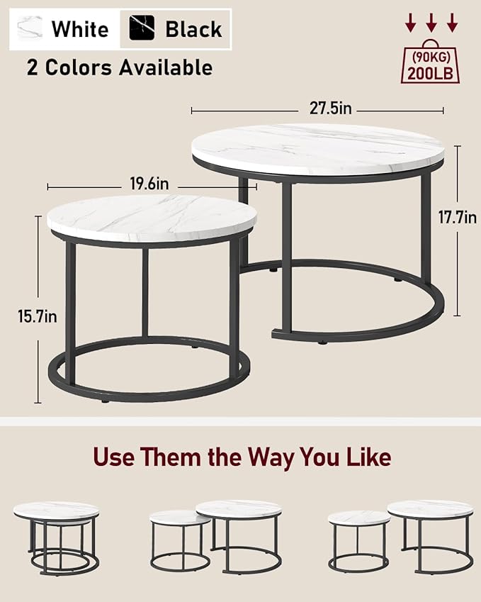 Round Nesting Coffee Table Set of 2, Black and White Faux Marble Top & Steel Frame, Modern Side End Tables for Living Room, Space Saving Accent Cocktail Table