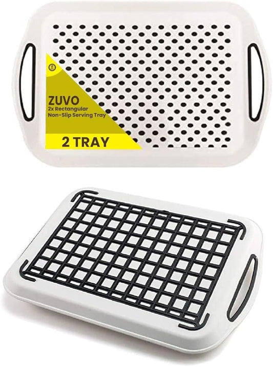Zuvo Anti-Slip Food Serving Tray with Handles (Set of 2) – BPA-Free Plastic, Lightweight & Durable – Non-Slip Couch Trays for Eating & Drinks (White)