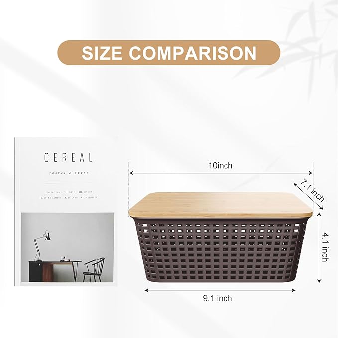 Small Storage Bins with Bamboo Lids, Decorative Plastic Storage Box with Lids, 5QT Stackable Organizing Baskets with Lable for Classroom, Office, Desktop, Closet, Shelf, 10x7.1x4.1 In, Brown, 6 Pack