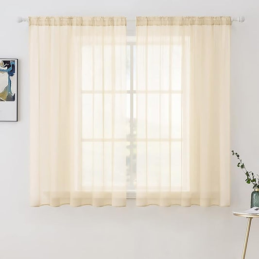 MIULEE 2 Panels Solid Color Sheer Window Curtains Elegant Window Voile Panels/Drapes/Treatment for Bedroom Living Room (54 X 45 Inches Cream Beige)