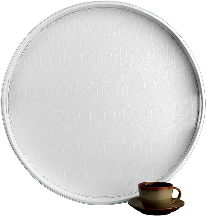 HofferRuffer Extra Large Round Serving Tray, Elegant Faux Leather Circle Ottoman Table Tray with Handles, Serve Tea, Coffee or Breakfast in Bed, Diameter 23.6 x 2.4 inches Height (White)