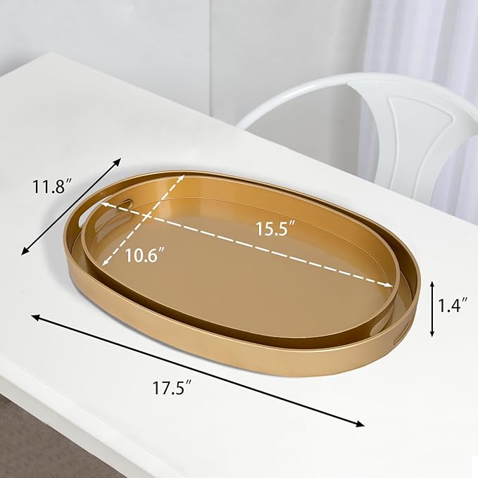 MAONAME Gold Serving Trays with Handles, Oval Decorative Trays for Coffee Table, Nesting Trays Set of 2, Plastic Vanity Trays for Ottoman, Living Room