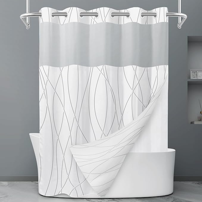 No Hook Grey Shadow Striped Shower Curtain with Snap in Liner Set - Hotel Shower Curtain and Liner Set with See Through Mesh Top Window,Machine Washable, 71x74 INCH