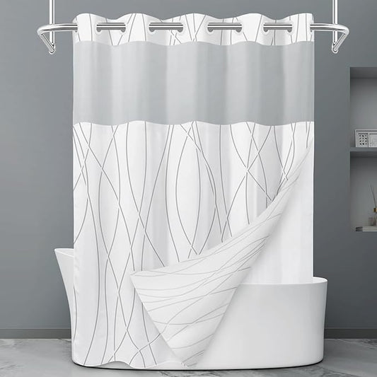 No Hook Grey Shadow Striped Shower Curtain with Snap in Liner Set - Hotel Shower Curtain and Liner Set with See Through Mesh Top Window,Machine Washable, 71x74 INCH
