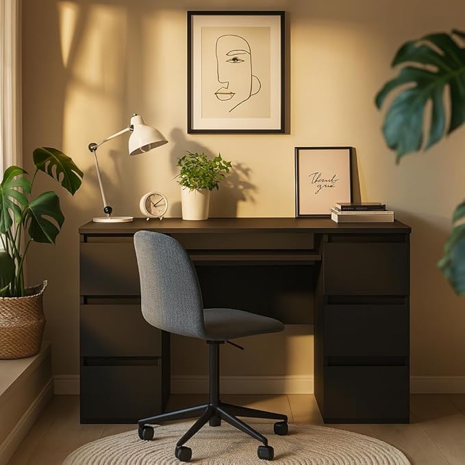 47'' Computer Desk with 6 Drawers and Keyboard Shelf, Modern Wood Writing Desk with Storage for Home Office, Bedroom, Gaming, Study, or Vanity Table – Black