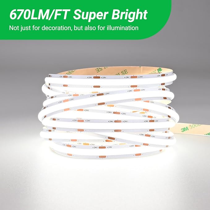 JOYLIT 24V Super Bright COB LED Strip Lights 16.4FT/5M 5000K White Indoor, UL Listed 288LEDs/M, 670LM/FT, CRI 92+, 120° Beam Angle Professional Tape Lighting for Home,Commercial(No Power Supply)