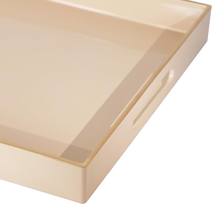 Cream Sturdy Acrylic Serving Tray with Handles-15.7x11.8Inch, Morden Plastic Rectangular Serving Tray for Coffee Table Bathroom, Ottoman, Home Decor